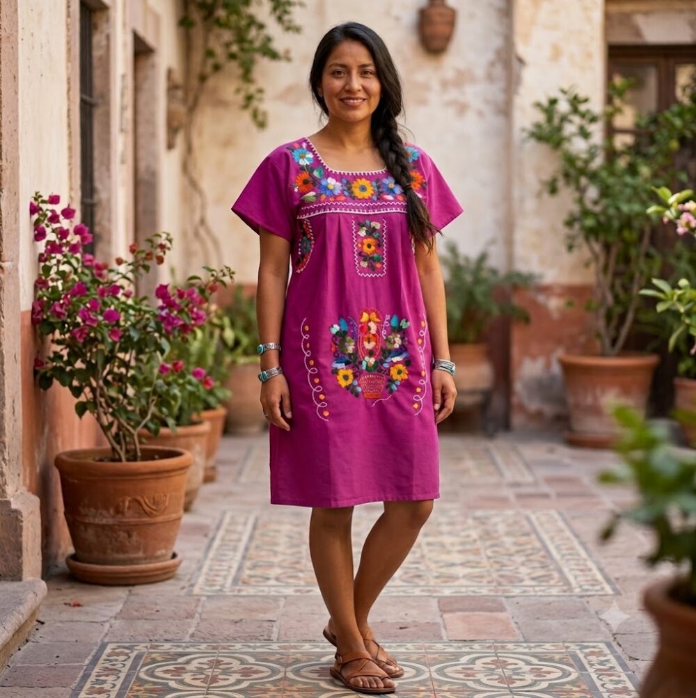 Women Magenta Embroidery Mexican Dress