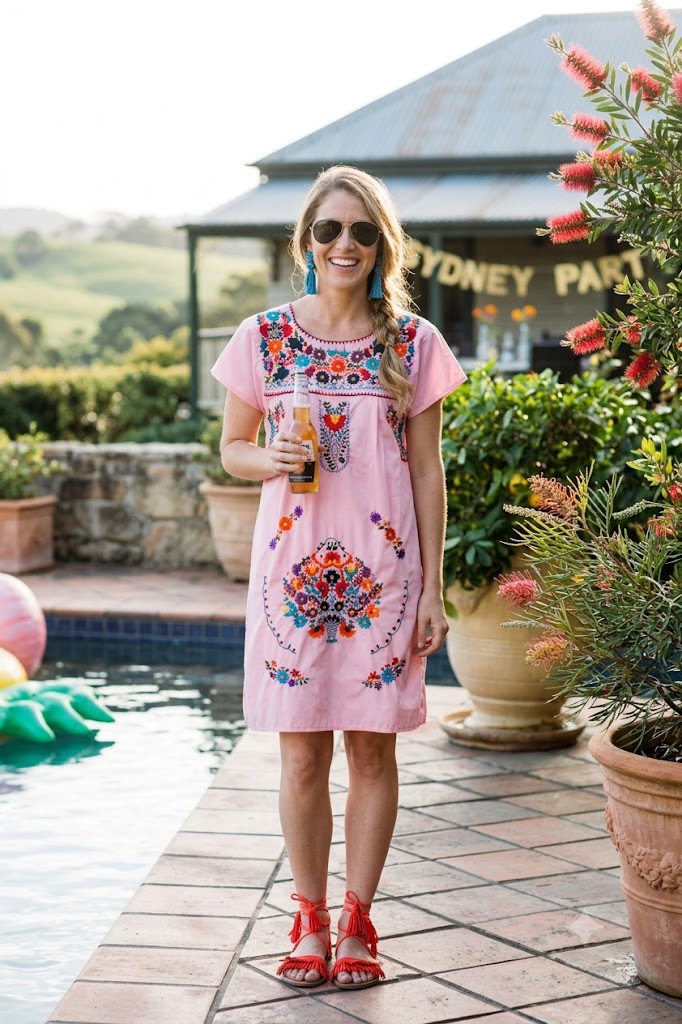 Women Baby Pink Embroidery Mexican Dress