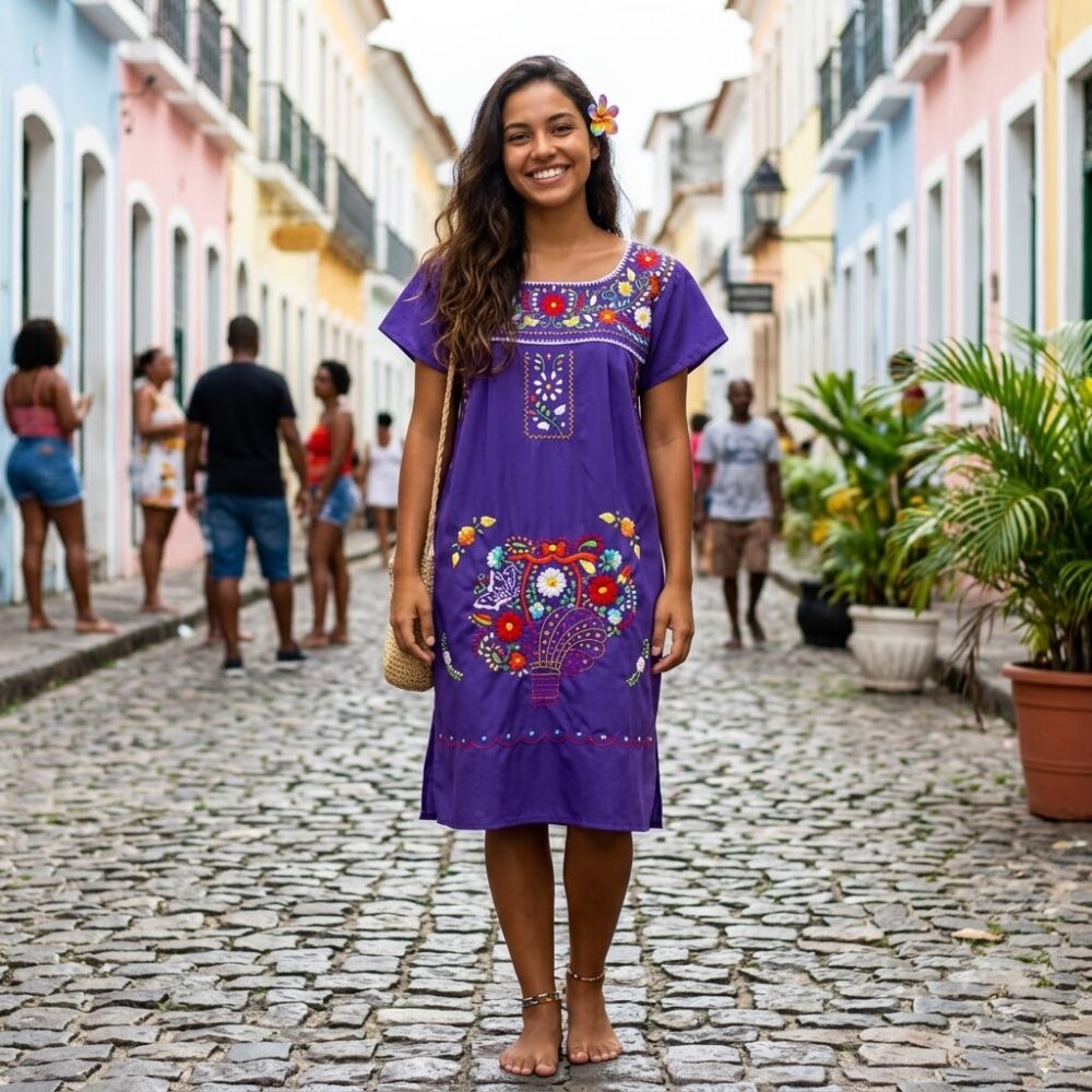 Women Purple Embroidery Mexican Dress
