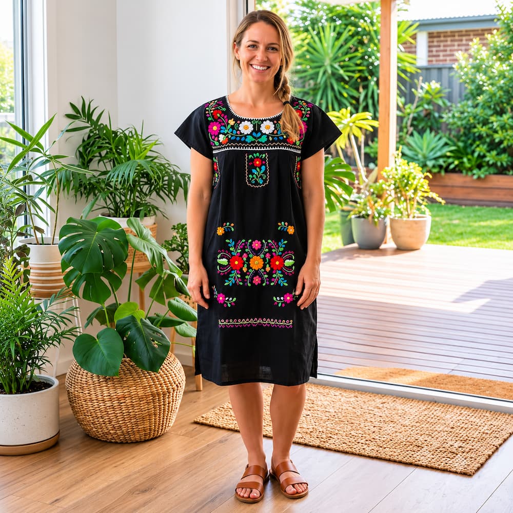 Women Black Embroidery Mexican Dress