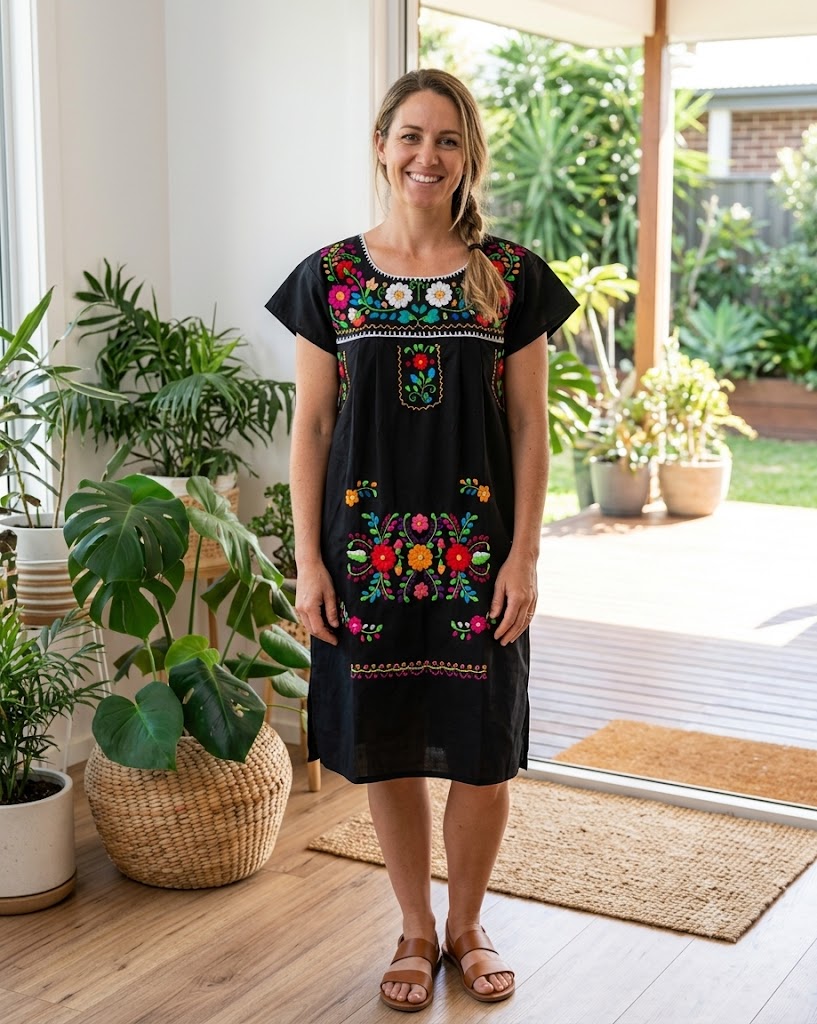 Women Black Embroidery Mexican Dress