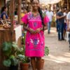 Women Hot Pink Embroidery Mexican Dress