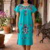 Women Mint Embroidery Mexican Dress