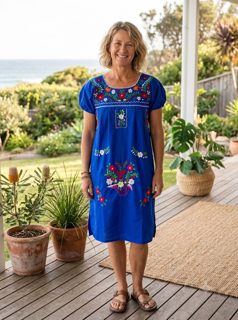 Women Royal Blue Embroidery Mexican Dress