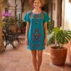 Women Teal Green Embroidery Mexican Dress